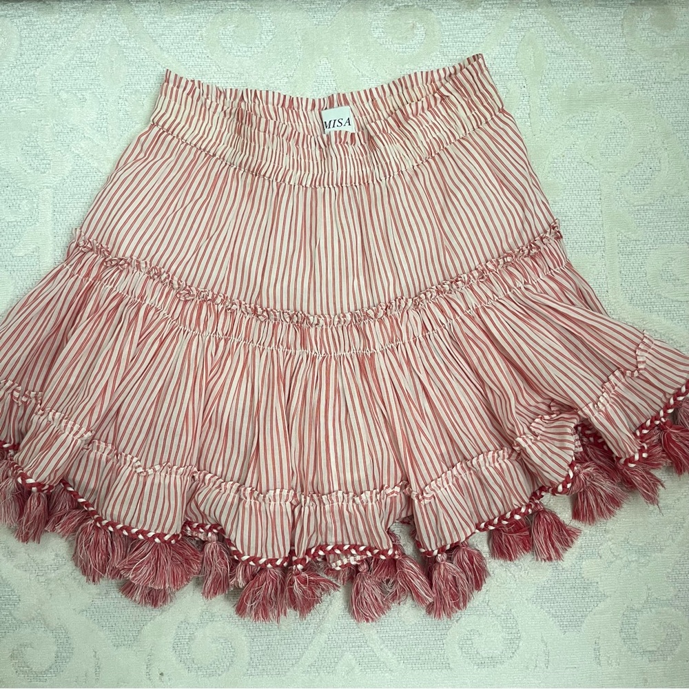 MISA LOS ANGELES Karlea Skirt Red Stripe with Tassels Size Small